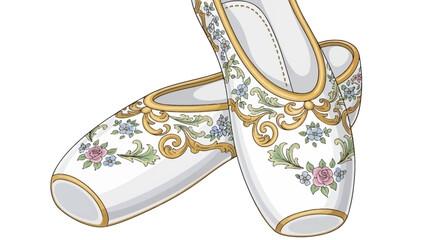Elegance and artistry in ballet shoes: A dance of floral motifs and golden accents