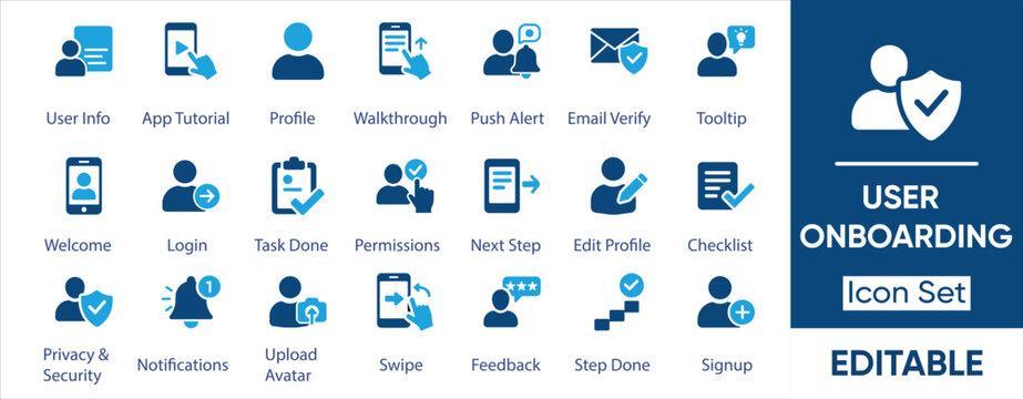 User Onboarding Solid Vector Icon Set &mdash; Signup, Login, Profile & Tutorial. Solid vector icons collection.