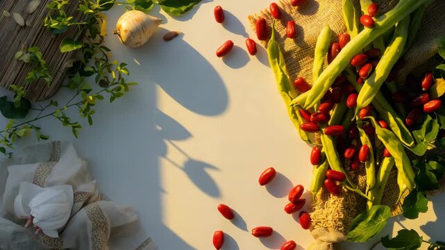 Fresh garden vegetables flat lay with moving golden hour sunlight and copy space