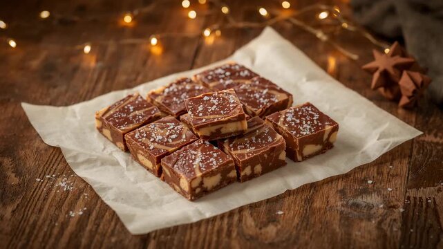 Close-up of salted caramel chocolate fudge squares on parchment with festive bokeh lights
