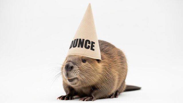 beaver wearing a dunce cap hat, dim, dumb, stupid, on a white background, animal photo