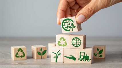 A hand stacking wooden blocks with eco-friendly symbols, representing sustainability and environmental awareness.