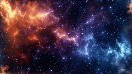 A vibrant cosmic background of a colorful nebula in deep space. Fiery orange and cool blue interstellar clouds with a glowing starfield