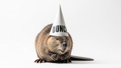 beaver wearing a dunce cap hat, dim, dumb, stupid, on a white background, animal photo
