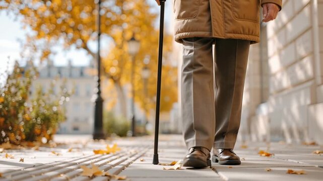 close up of an elderly person walking slowly with a cane along a city sidewalk covered with autumn leaves during a peaceful outdoor stroll