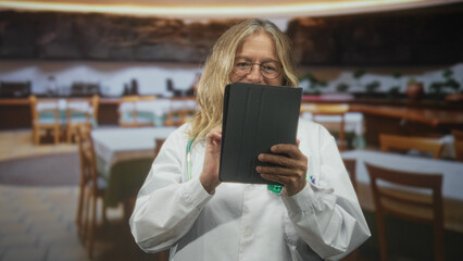 Senior woman doctor in white coat holding a tablet with both hands in a dining hall building; focused care.