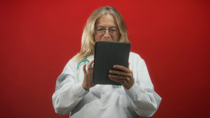 Woman doctor holding tablet and tapping screen in studio with stethoscope visible, hand touching touchscreen and wearing glasses; telemedicine confidence.