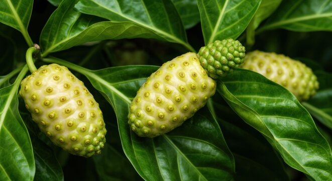 Close-up of noni fruits with green leaves, textured skin, and vibrant hues