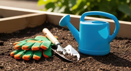 Garden Tools' Harmony: A close-up shot of gardening tools arranged on a bed of rich, dark soil, hinting at the joy of nurturing plants and cultivating a thriving garden.