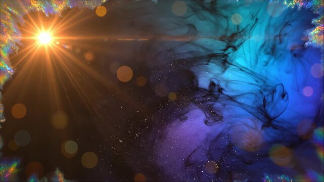 Abstract background with bright sun flare, ink in water effect, bokeh light, and holographic border