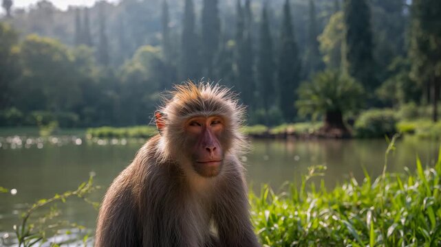 Macaque monkey sitting by lake as butterfly lands on its ear in peaceful nature