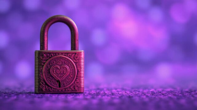 Ornate heart padlock on textured surface with shifting bokeh lights symbolizing love and security