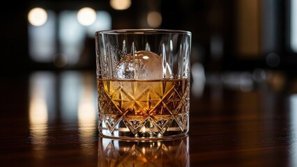Whiskey in Crystal Glass: A close-up shot of a pristine crystal glass, filled with amber whiskey and a spherical ice cube, sitting elegantly on a dark wood surface. This image evokes sophistication.