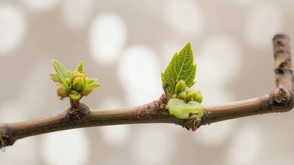 Spring bud opening timelapse close-up of new leaf unfurling on branch