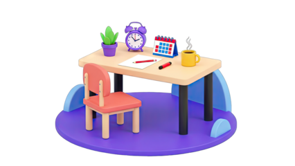 Childrens Study Desk Scene With Chair Plant Alarm Clock Calendar And Drawing Supplies On A Transparent Background