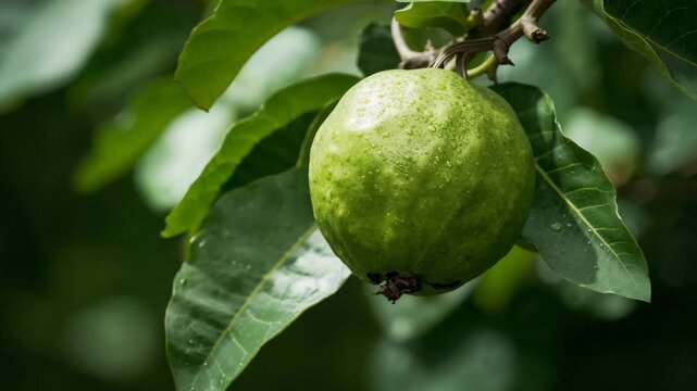 Close-up of green guava on tree branch with dewdrops in lush garden