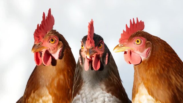 Three chickens clucking in studio close-up on white background