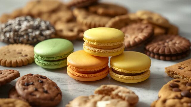 Assorted cookies and stacked macarons on marble tabletop close-up
