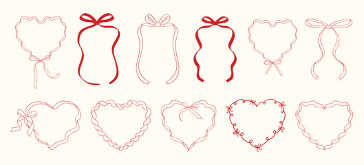 Doodle hand drawn coquette ribbon frames with hearts, wavy lines, and bows. Trendy vintage whimsical borders for Valentine's day, wedding invitations, birthday card, prints, menu. Vector illustration