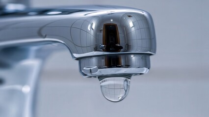 Shining Faucet with Dripping Water: The sleek chrome faucet gleams, a single droplet of water clinging delicately before falling, symbolizing purity and the essential resource.