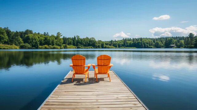 Two orange Adirondack chairs on wooden dock over tranquil lake for relaxation