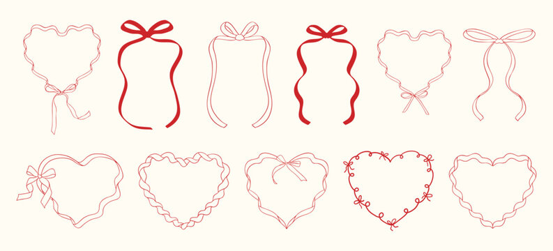 Doodle hand drawn coquette ribbon frames with hearts, wavy lines, and bows. Trendy vintage whimsical borders for Valentine's day, wedding invitations, birthday card, prints, menu. Vector illustration