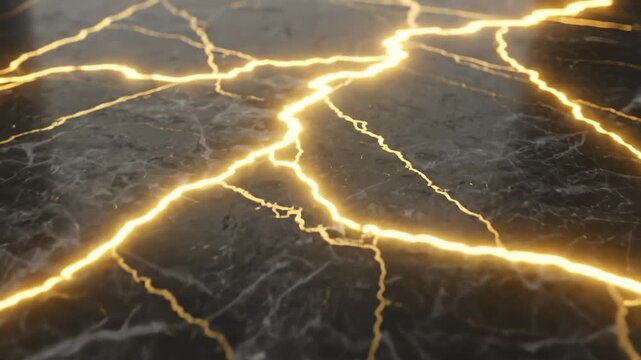 Golden Cracks Appear and Glow on Dark Marble Surface Background