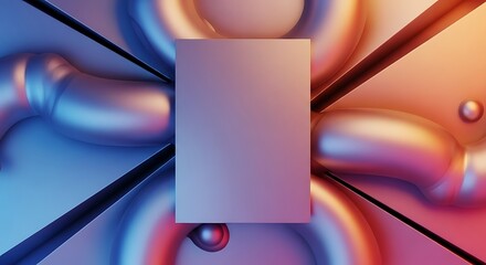 A surreal geometric design with a central rectangle surrounded by rounded shapes, gradient colors, and a metallic texture