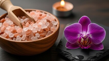 Serene Spa Still Life: A tranquil composition features a wooden bowl overflowing with pink Himalayan salt crystals, complemented by a delicate purple orchid and a gently flickering candle.