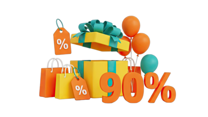 Bright Yellow Gift Box With Teal Ribbon Overflowing With Orange Shopping Bags And Balloons Celebrating A 90 Percent Discount With Percentage Tags Floating In The Air Against A Transparent Background.