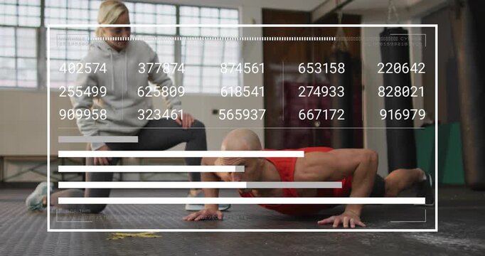 Man starting push-up in fitness studio, woman kneeling and coaching, bars updating with each rep