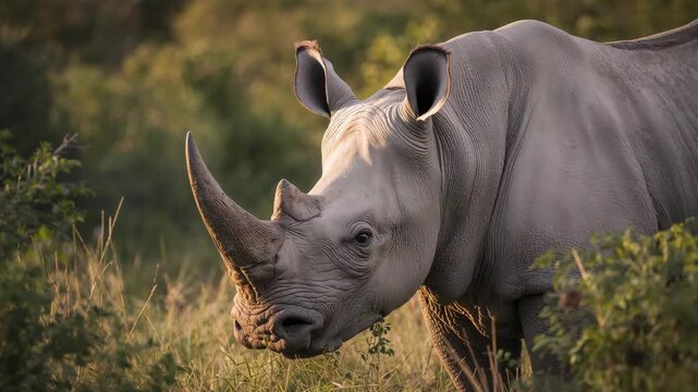 White rhinoceros grazing and turning its head in golden hour savanna