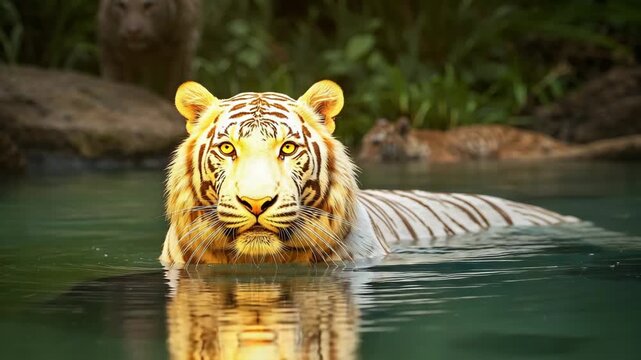 White tiger swimming toward camera in jungle pond with dramatic reflection