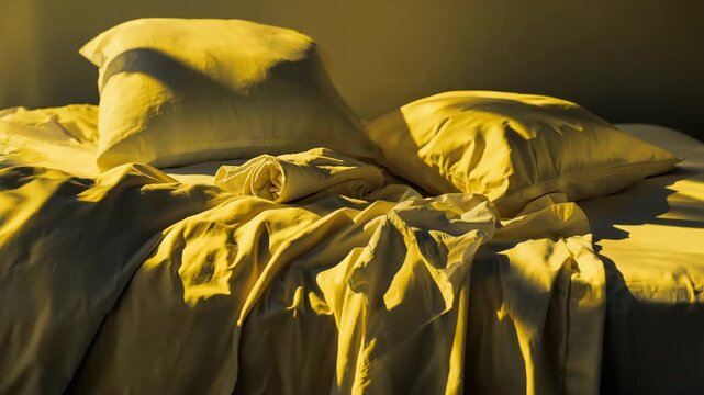 Sunlit rumpled bed in cozy bedroom during golden hour