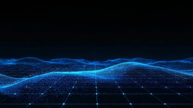 Animated digital data landscape with flowing blue particle waves over grid background