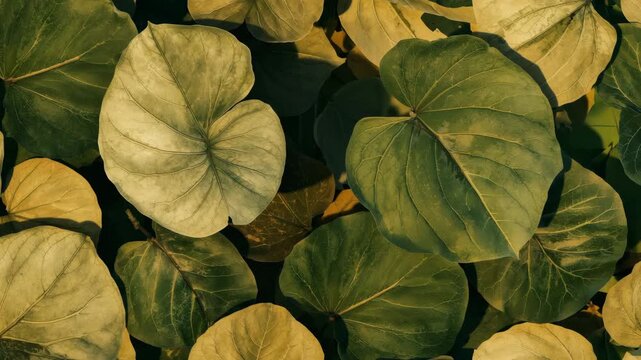 Close-up of tropical round leaves changing color under warm sunlight
