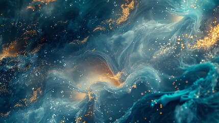 Abstract background of blue and gold liquid ink. Swirling glitter particles in fluid motion. Ethereal cosmic texture for wallpaper