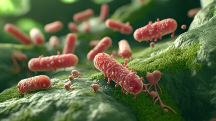 Microscopic view of rod shaped bacteria on mossy surface 3 d render