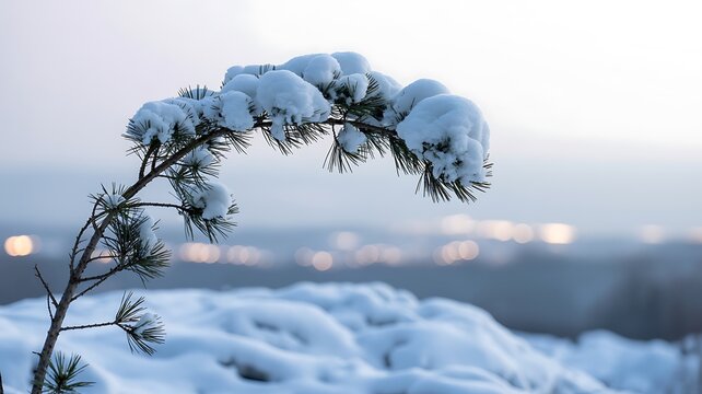 Snowy evergreen branch against a blurred winter cityscape backdrop - Powered by Adobe