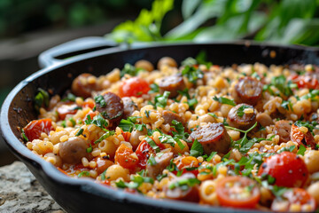 pasta stewed with sausages, selective focus