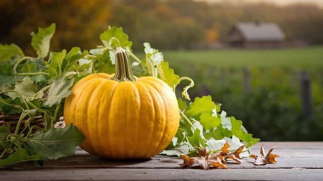 Autumn pumpkin on rustic wooden table with farmhouse and fall leaves