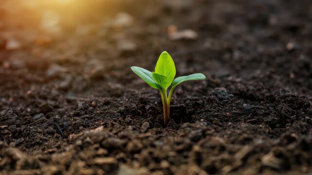 Time-lapse of a green seedling sprouting from soil at sunrise symbolizing growth and sustainability