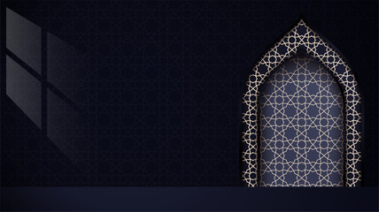 Islamic background with islamic pattern on mosque arch in dark purple background design