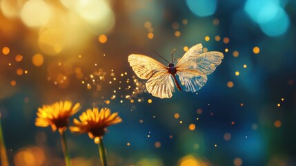 Golden butterfly flight sparkling particles yellow flowers nature photography magic fantasy