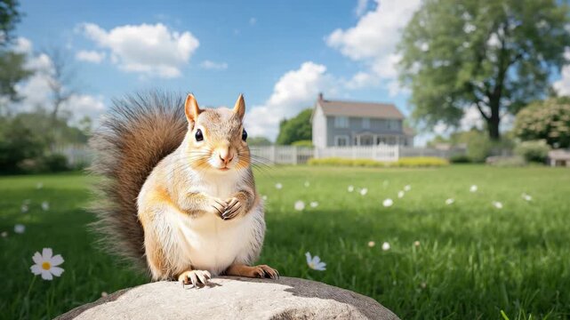 Cute squirrel close-up sitting on rock in sunny suburban backyard