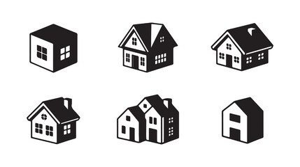 3d house design 6 set black logo icon with white background