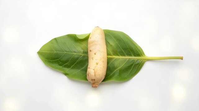 Cassava root on green leaf flat lay in studio with subtle motion and copy space