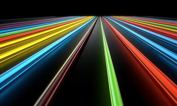 Abstract perspective view of parallel glowing lines in vibrant colors creating a sense of motion and speed against a dark background