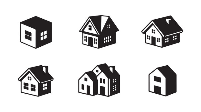 3d house design 6 set black logo icon with white background