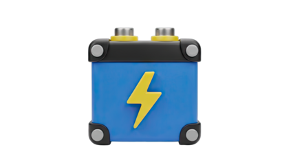 Blue Car Battery with Yellow Lightning Bolt Symbol and Black Top on Transparent Background